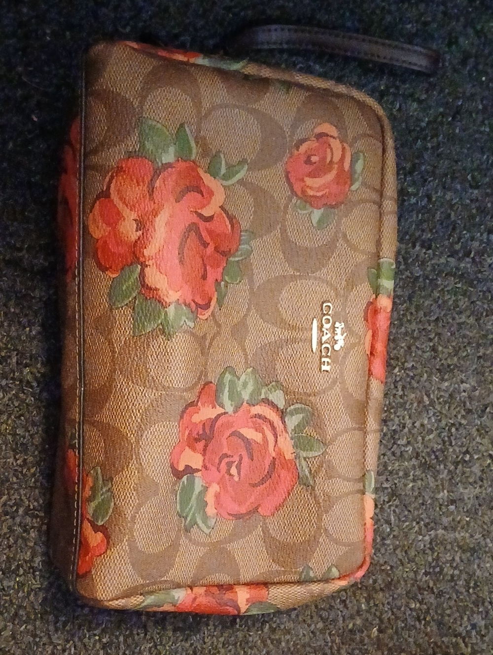Coach Brown Signature Floral Zip Wristlet with Red Roses